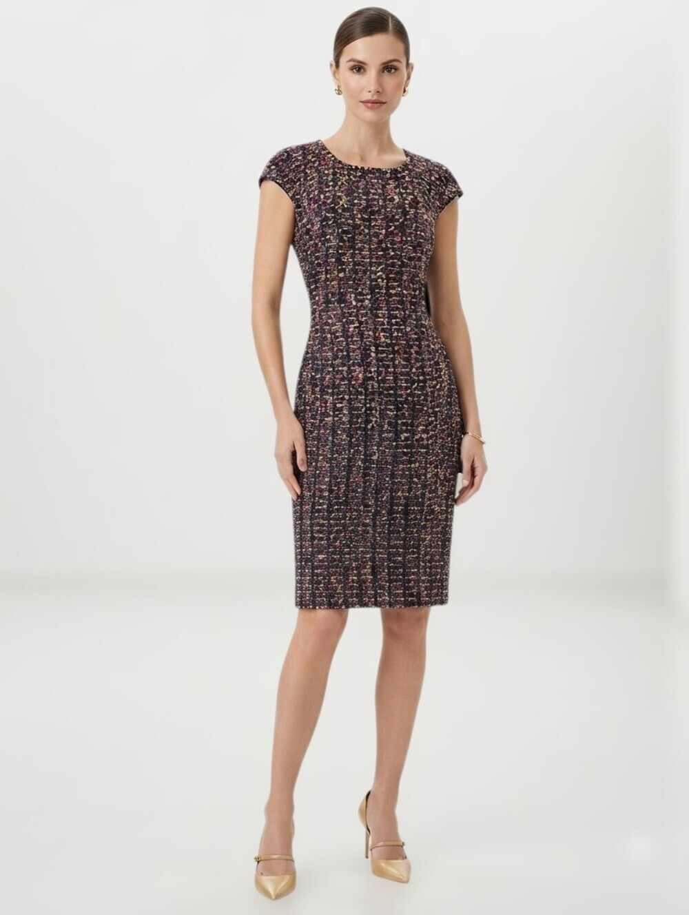St. John Knit Tweed Sheath Dress Wool Blend Cap Sleeves Multi Sz.10